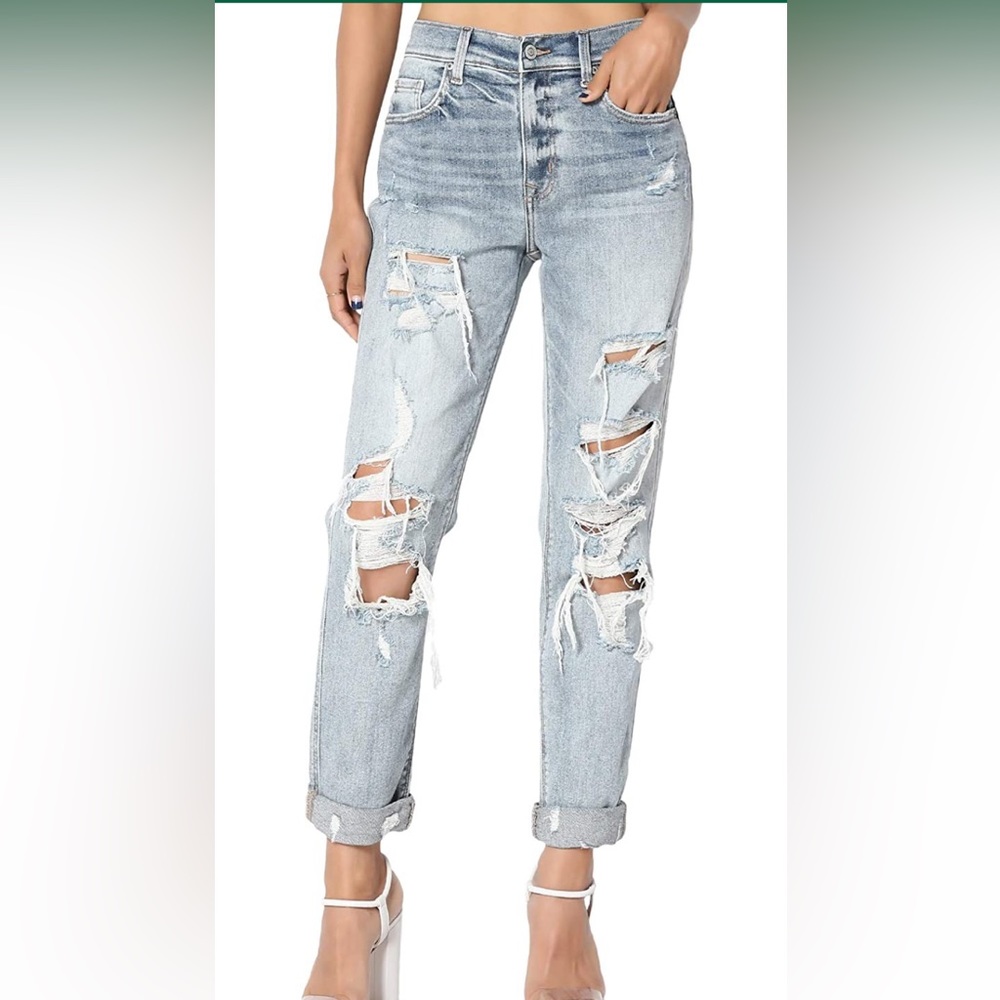 NWOT TheMogan Women's Distressed Washed Denim High Rise Boyfriend Jeans Light